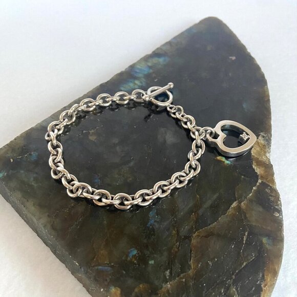 Solid Sterling Silver 925 UD Diamond Chip Heart Charm Cable Chain Bracelet 7.25" - Picture 14 of 16